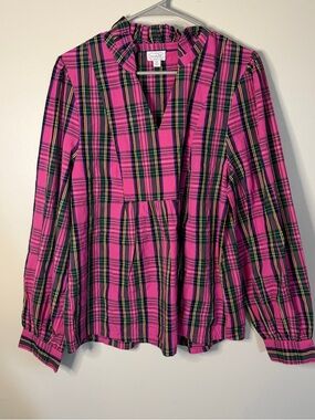 Mud Pie Mitzy plaid top v neck ruffle collar long puff sleeves boutique size M